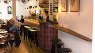 Interior design for the Revista, from coffee bar by day to cocktail bar by night.