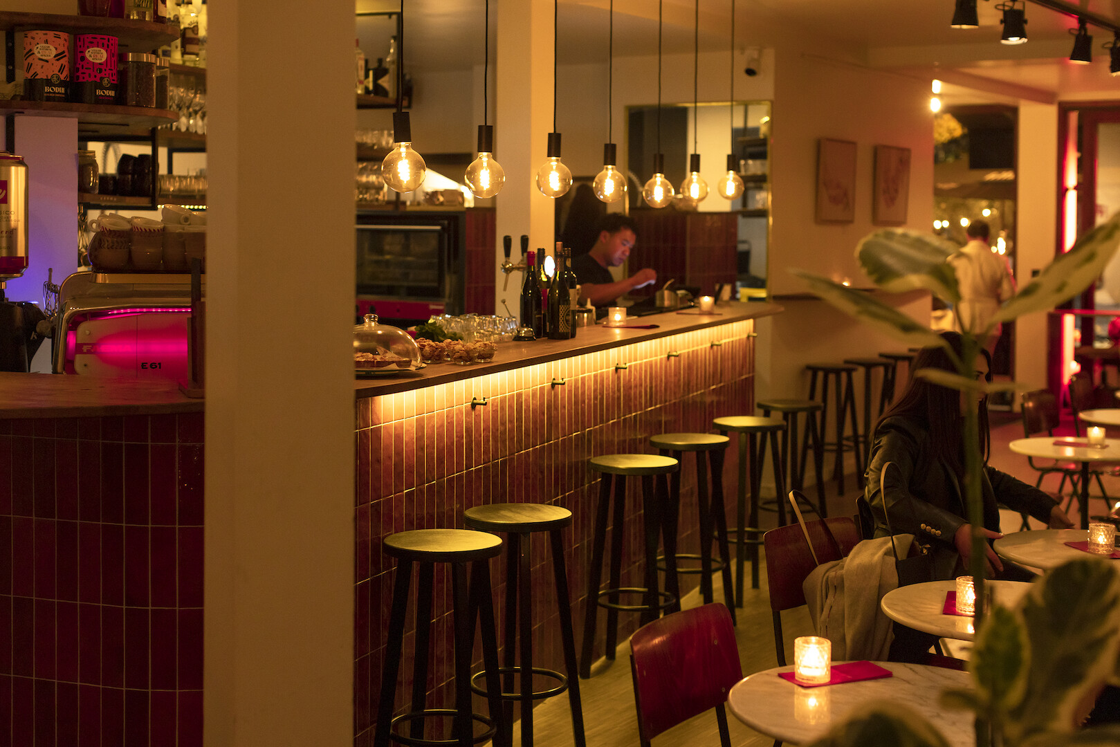 Interior design for the Revista, from coffee bar by day to cocktail bar by night.