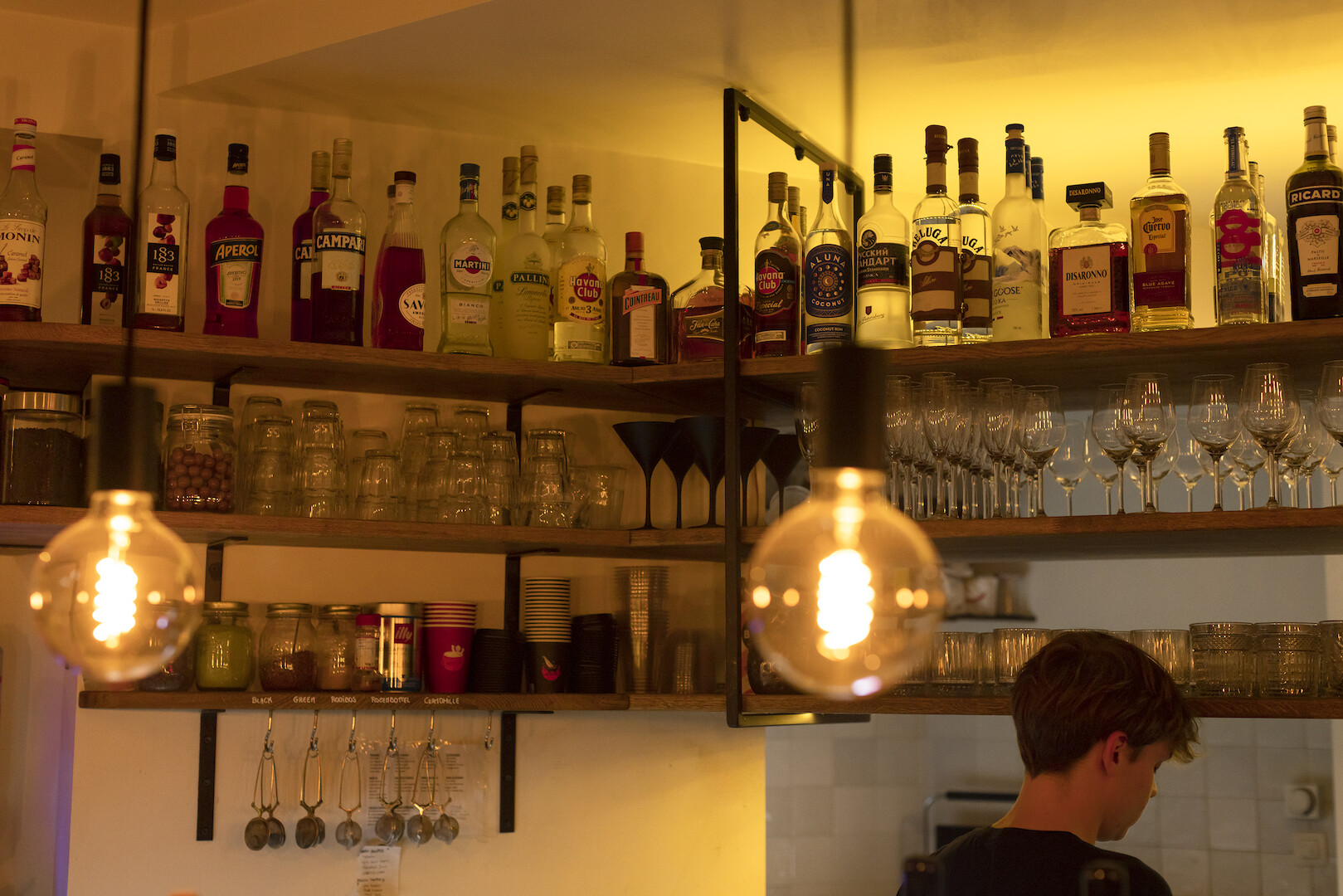 Interior design for the Revista, from coffee bar by day to cocktail bar by night.