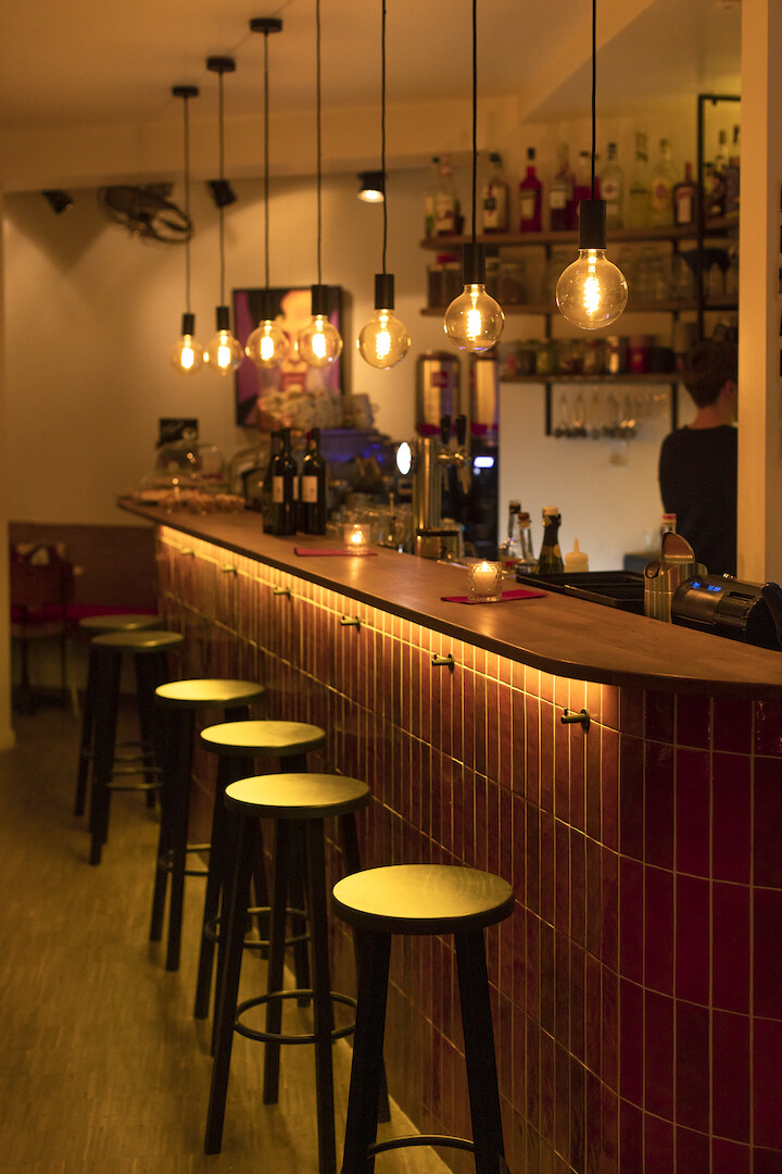 Interior design for the Revista, from coffee bar by day to cocktail bar by night.