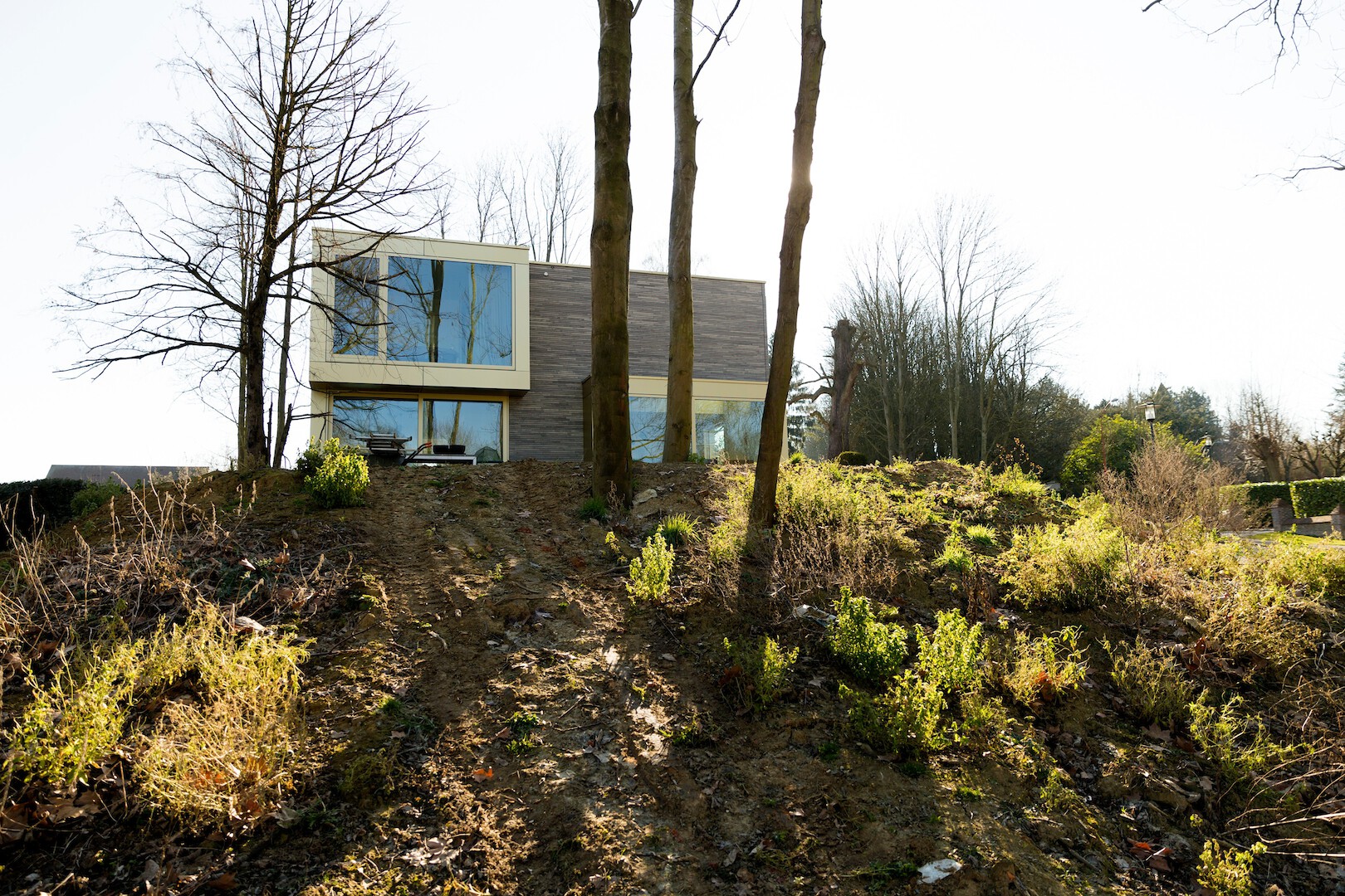 Woning op een heuvel met massief houtbouw constructie