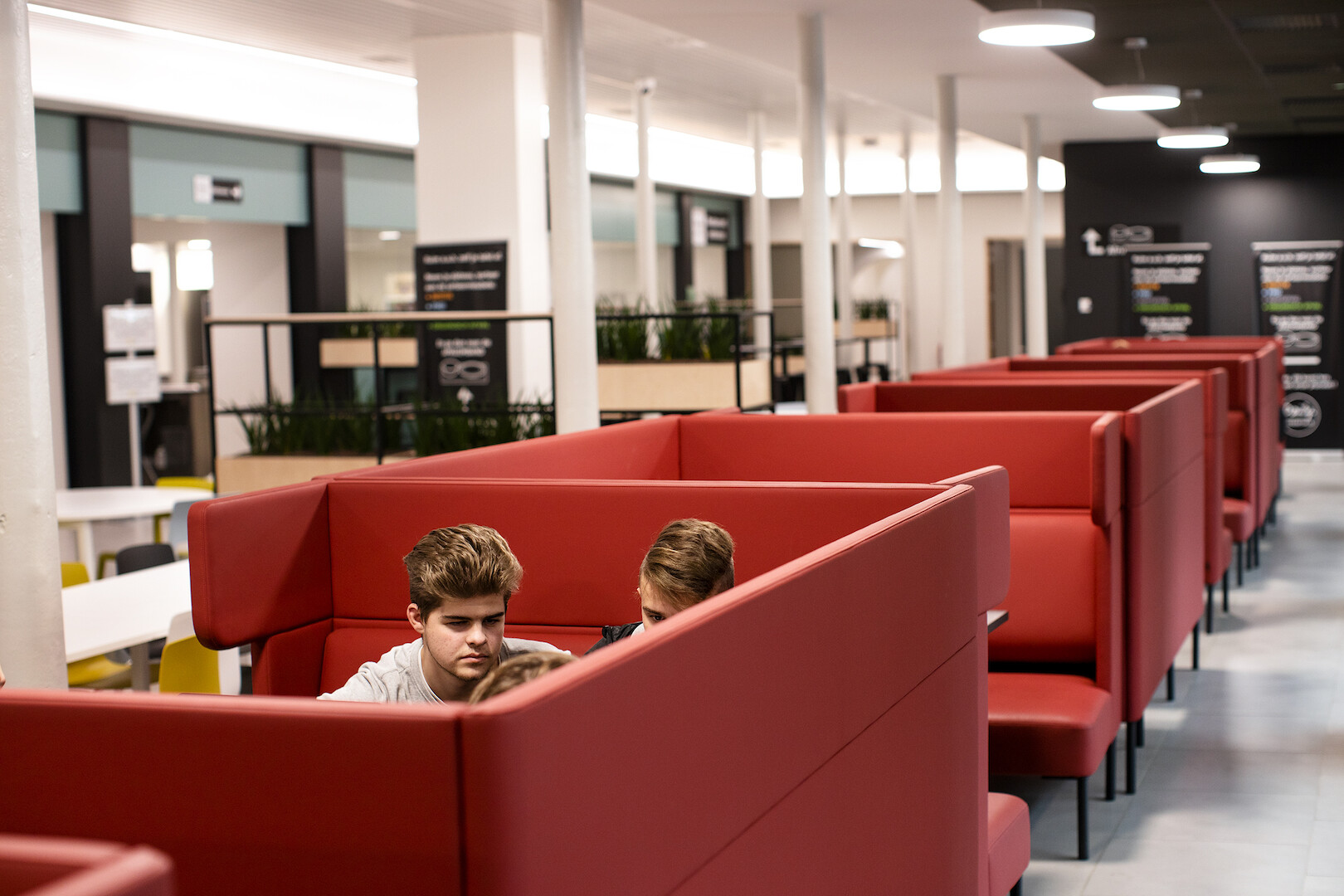Inrichtingsplan met meubilair voor een universitaire campus cafetaria