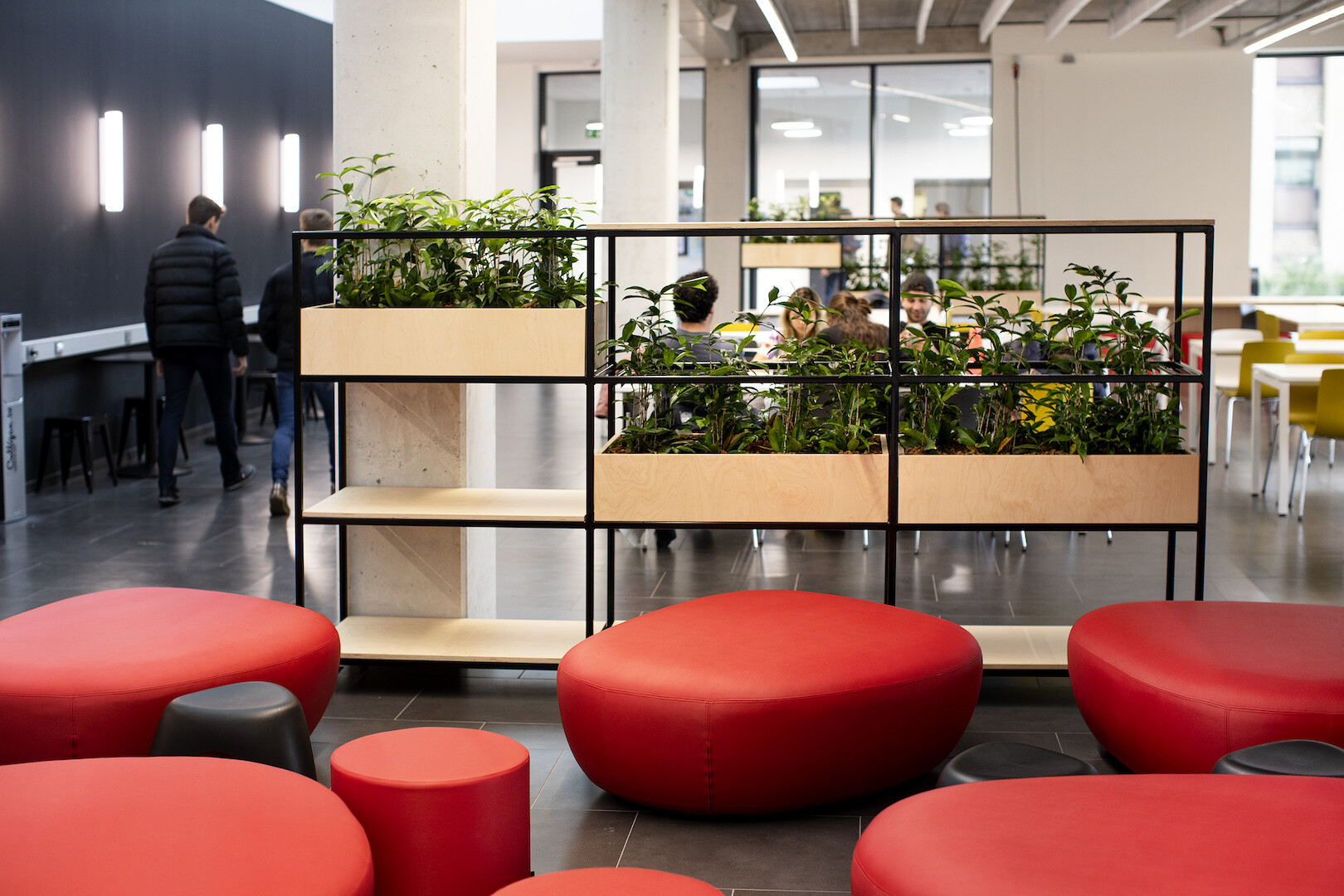 Inrichtingsplan met meubilair voor een universitaire campus cafetaria